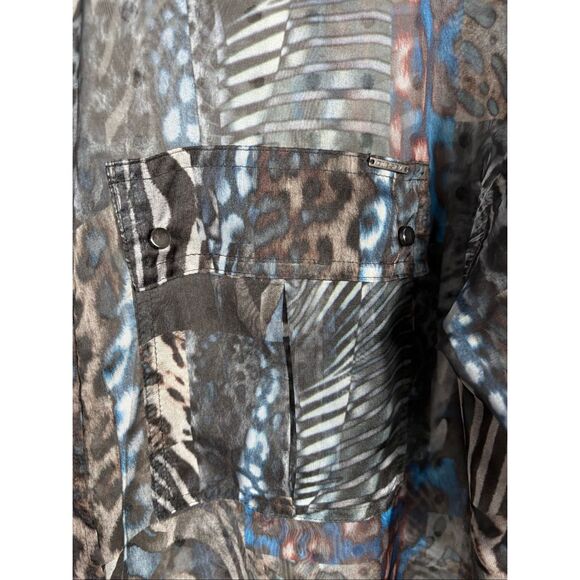 Diesel Woman’s sheer abstract multi pattern animal print metal snap button down - Picture 4 of 7